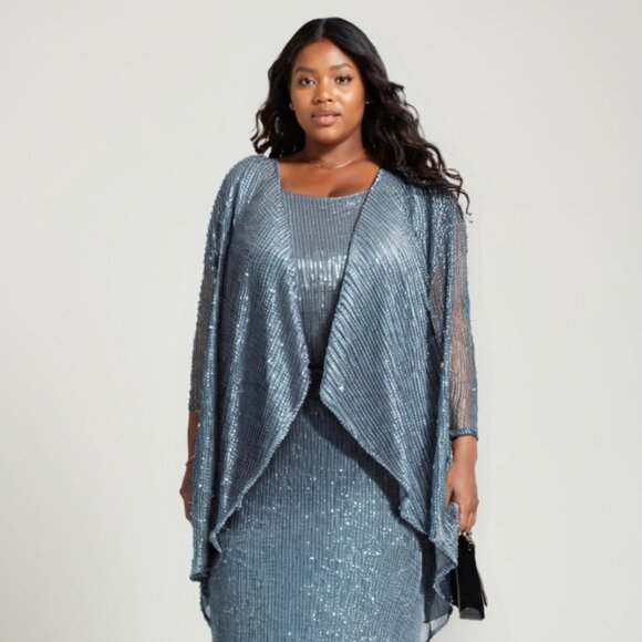 New Formal Plus Size Dress w/ Round Neck Sequins Embroidery & Relaxed Fit T9001 - Picture 1 of 8